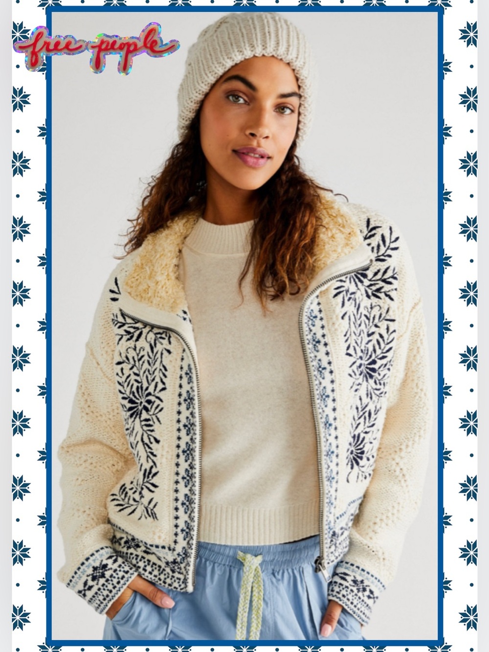 Free People True Embroidered Cardigan Zip Jacket Faux Fur Collar Small Apres